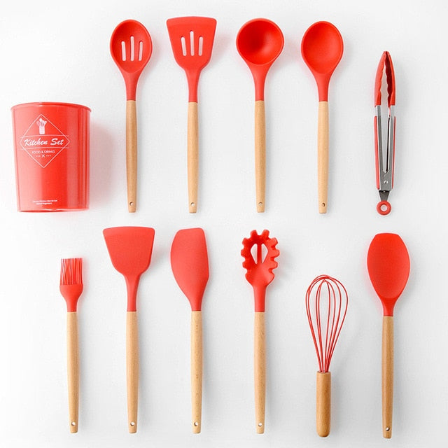 1box 12pcs Red Silicone Cooking Utensils Set With Wooden Handles, Heat  Resistant Non-stick Cookware Tool Kit (includes Spatula, Spoon, Brush,  Mixer), Suitable For Various Kitchens & Outdoor Camping